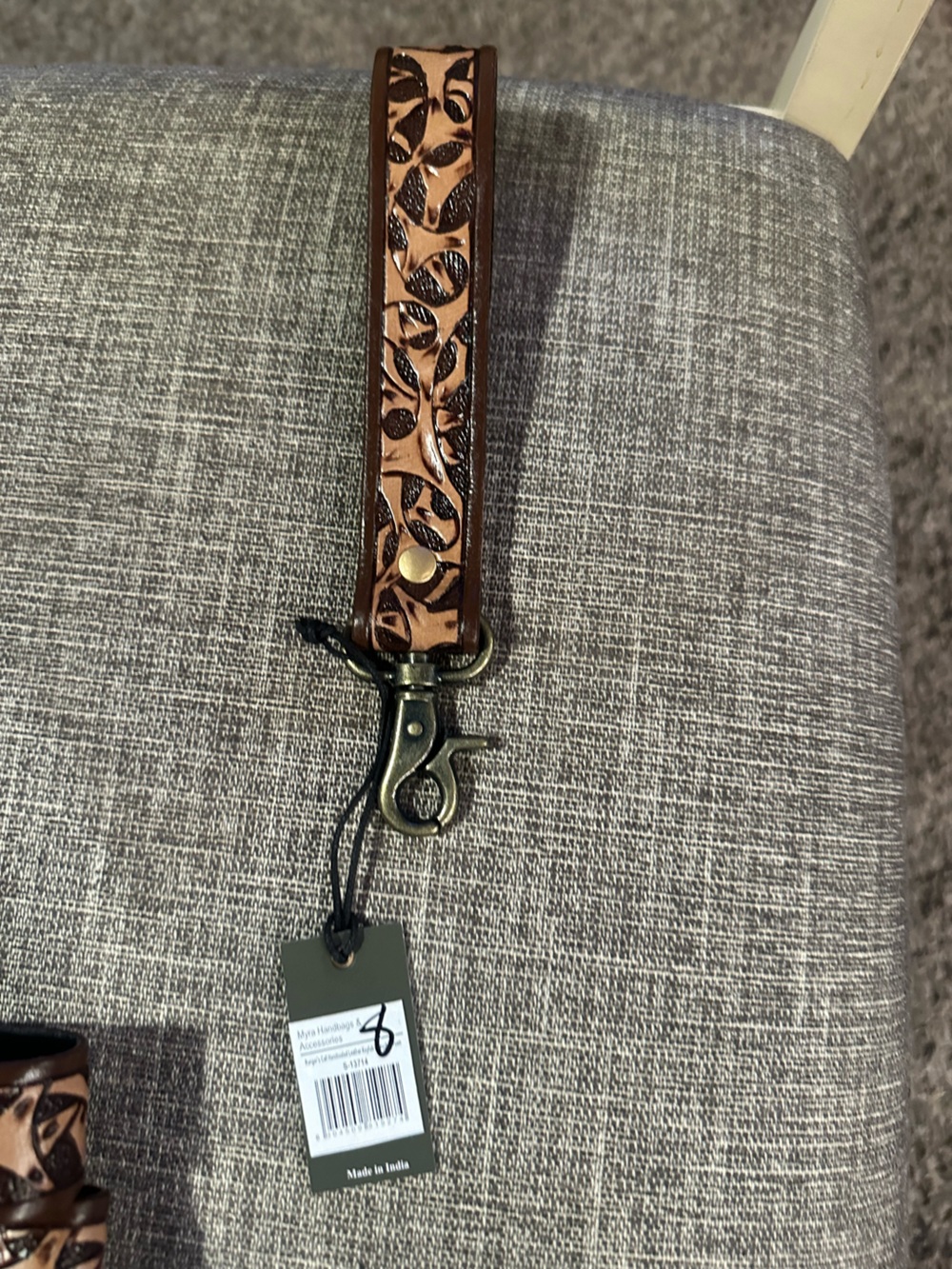 Myra Bag Brown Tooled Leather Key Lanyard with Antique Clip